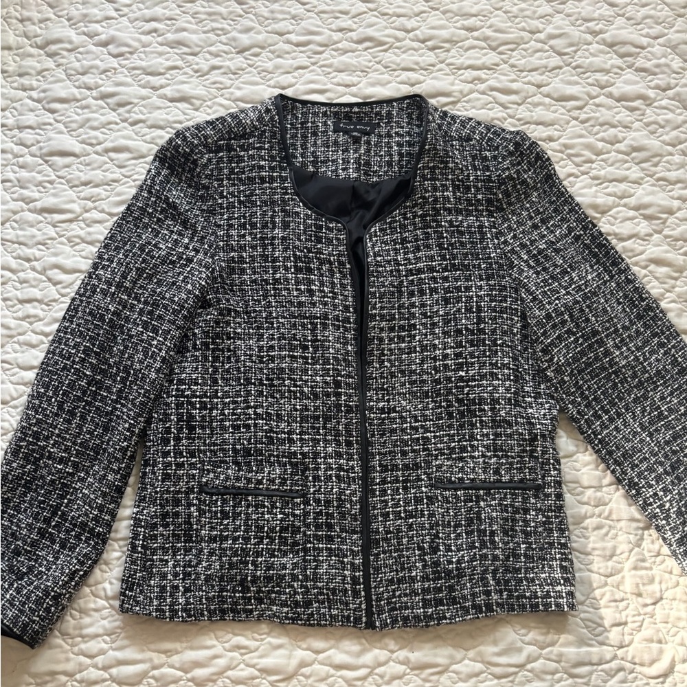 Black and White Tweed Blazer with Fringe Details